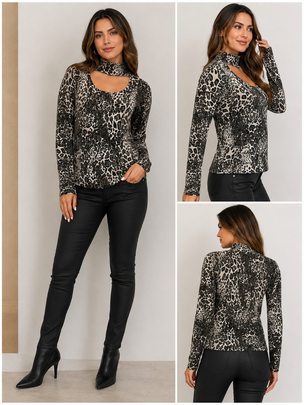 VENUS khaki cream keyhole high neck long sleeve leopard cheetah print top size M